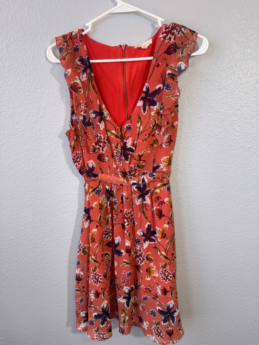 Promesa Coral Floral V‑Neck Ruffle Mini Dress